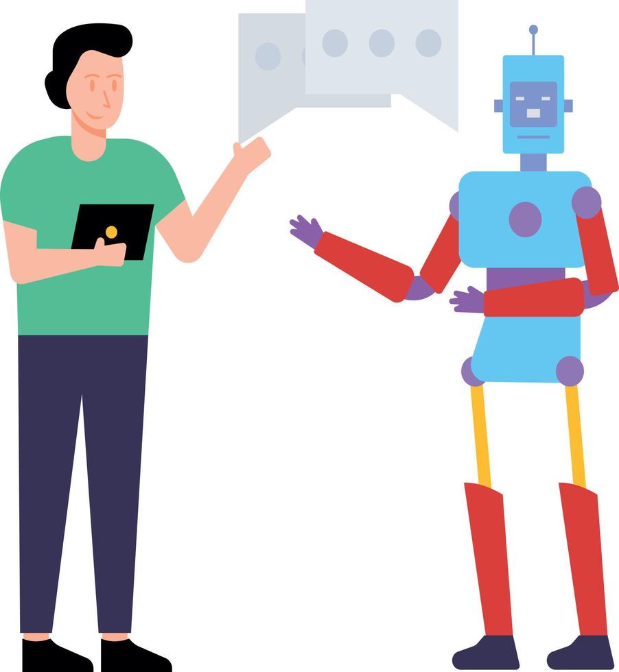 The boy is talking to the robot. vector
