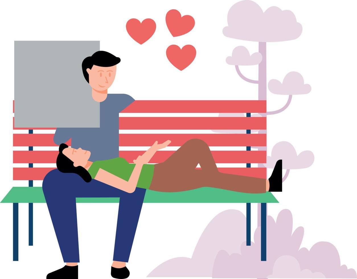 A girl is lying on a boy's lap on a park bench. vector