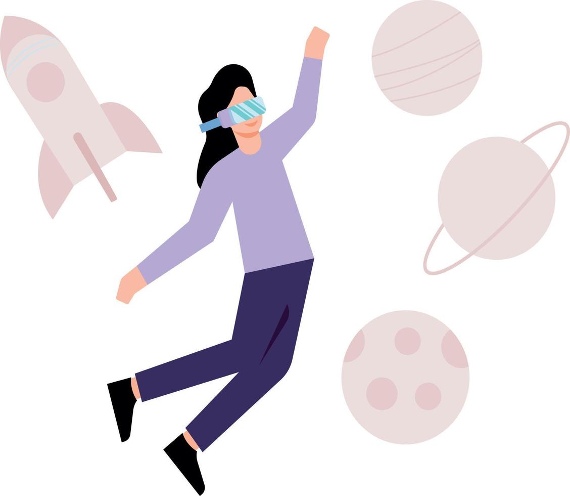 A girl wearing VR glasses looks at the planets. vector