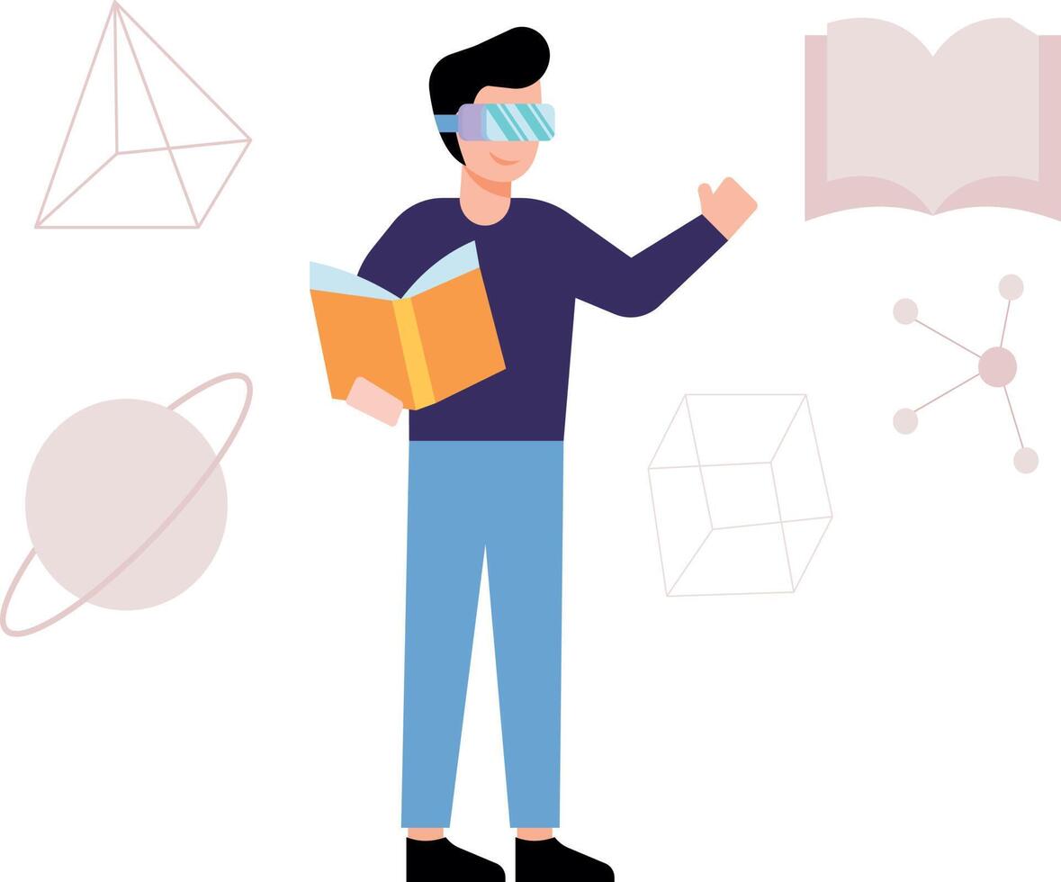 Boy studying VR technology. vector