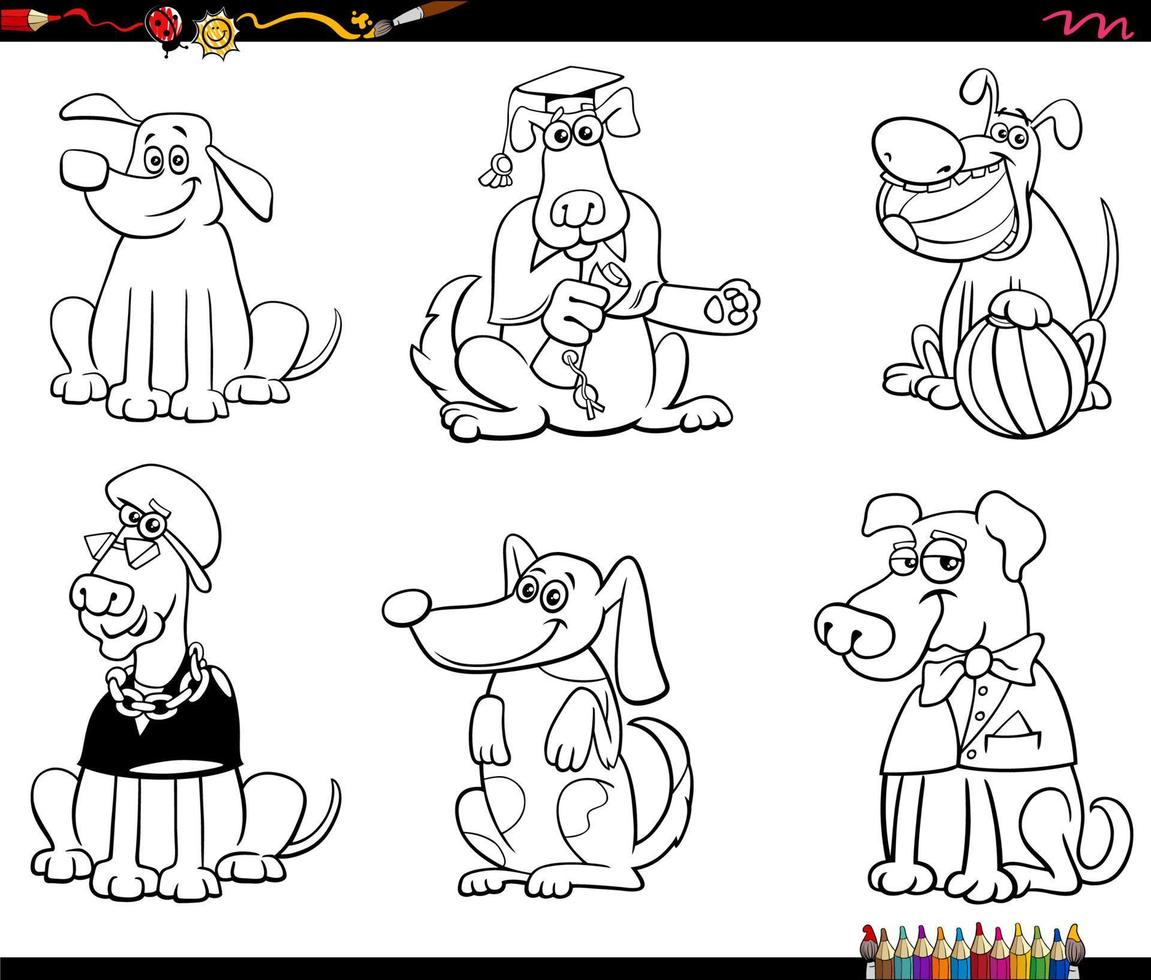 cartoon dogs or puppies characters set coloring page vector