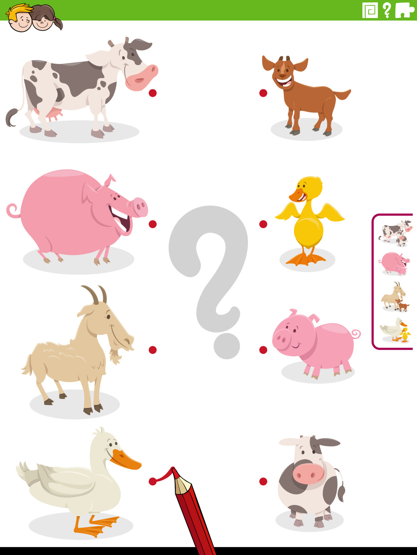 match cartoon farm animals and their babies educational game 13276859  Vector Art at Vecteezy