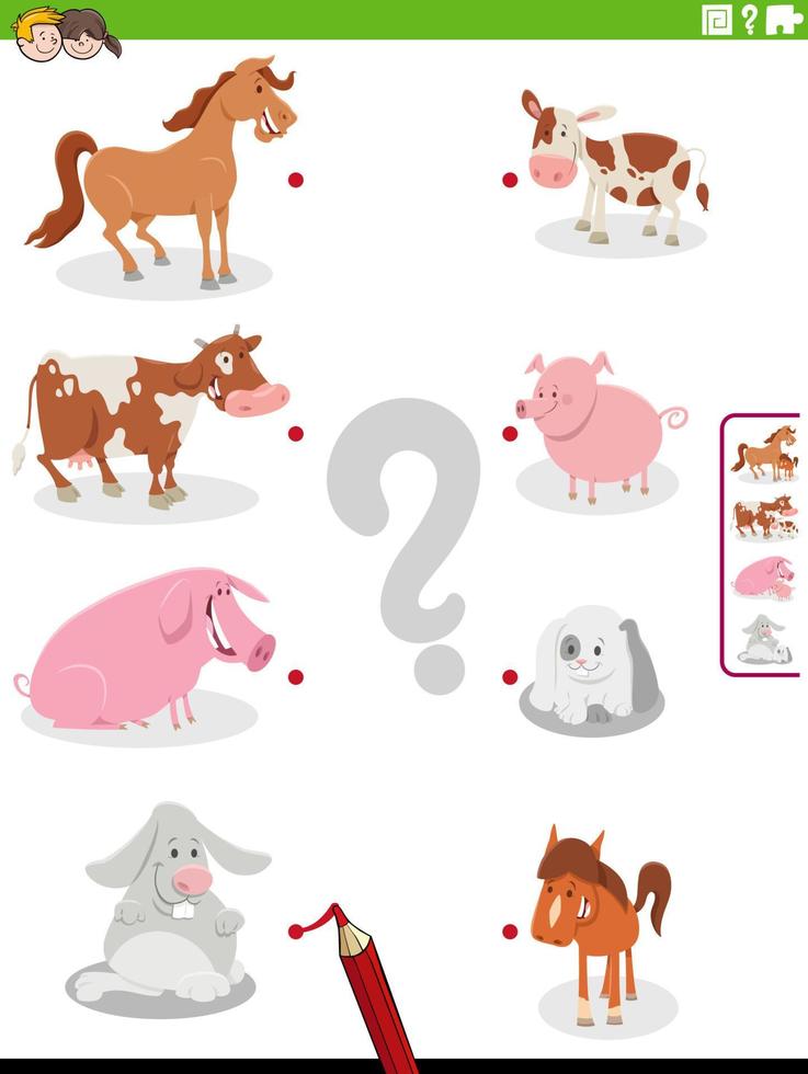 match cartoon farm animals and their babies educational activity vector