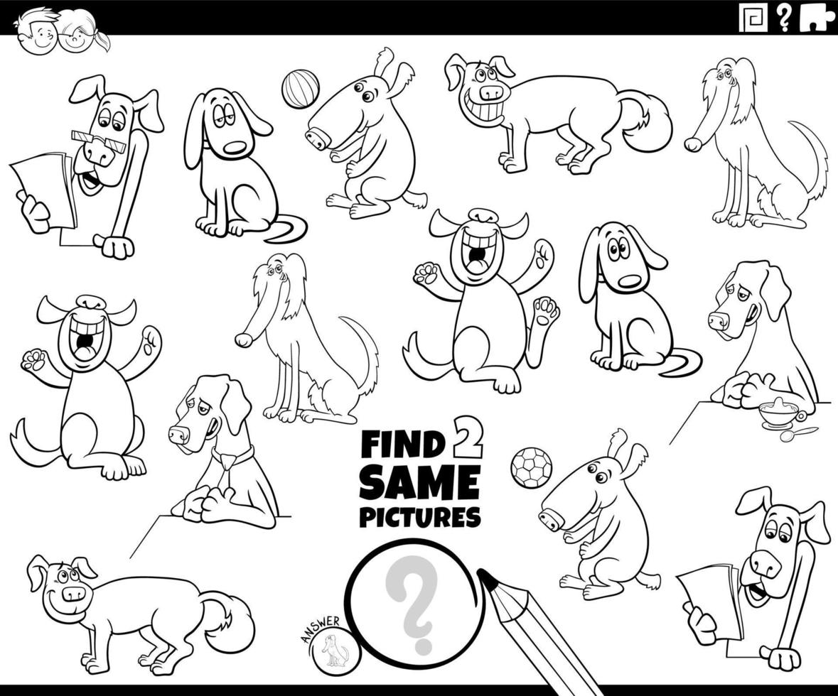 find two same cartoon dogs task coloring page vector