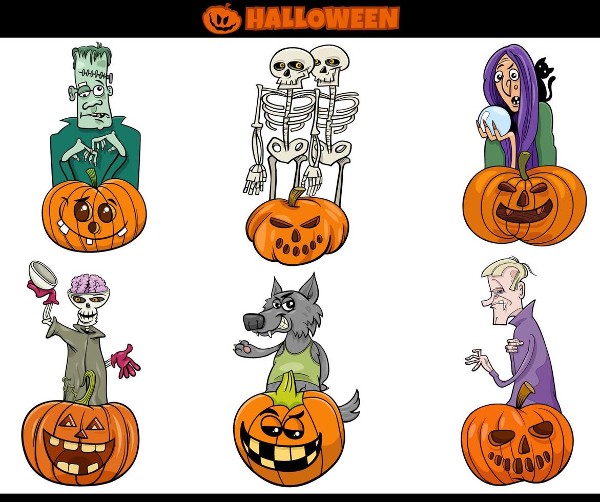 cartoon spooky Halloween characters set with pumpkins vector
