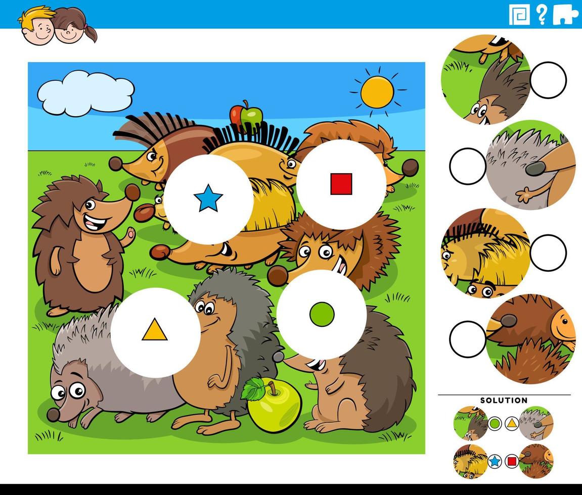 tarea de emparejar piezas con animales de erizo de dibujos animados vector