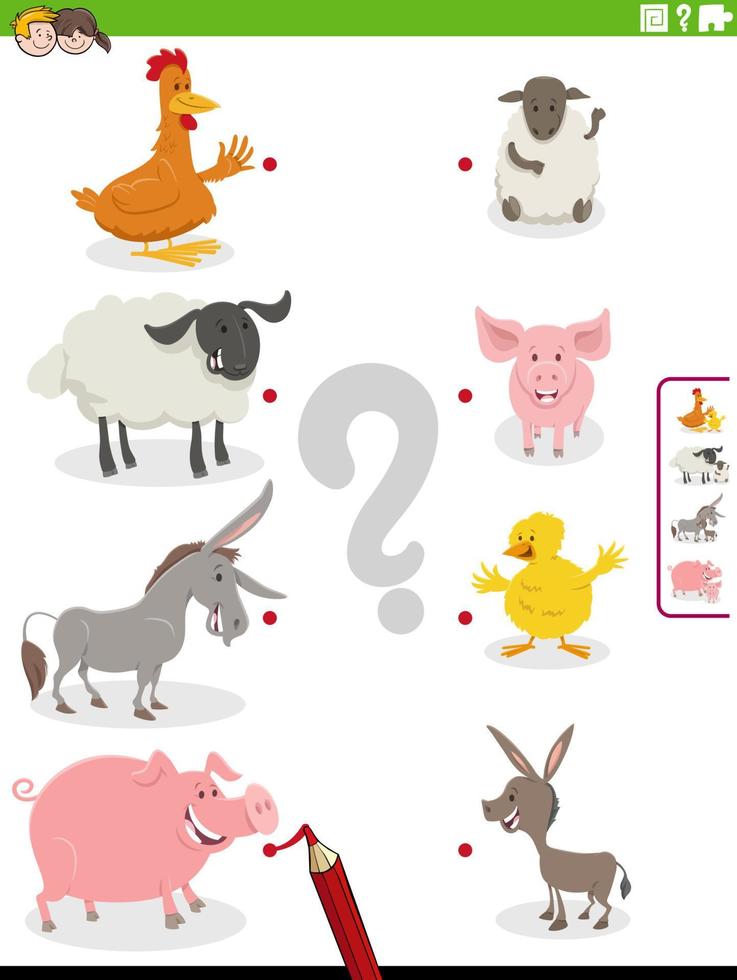 match cartoon farm animals and their babies educational task vector