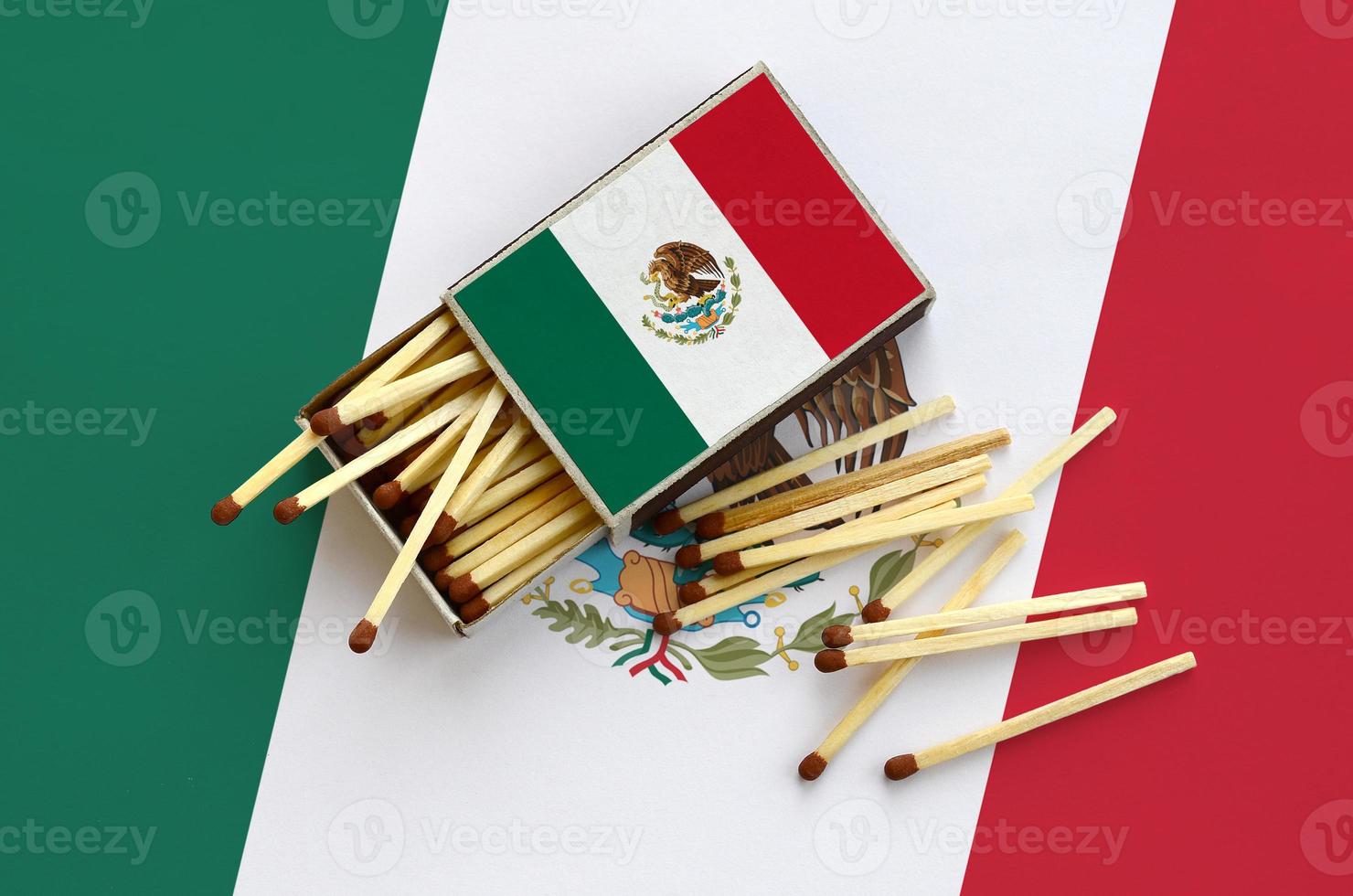 Mexico flag  is shown on an open matchbox, from which several matches fall and lies on a large flag photo