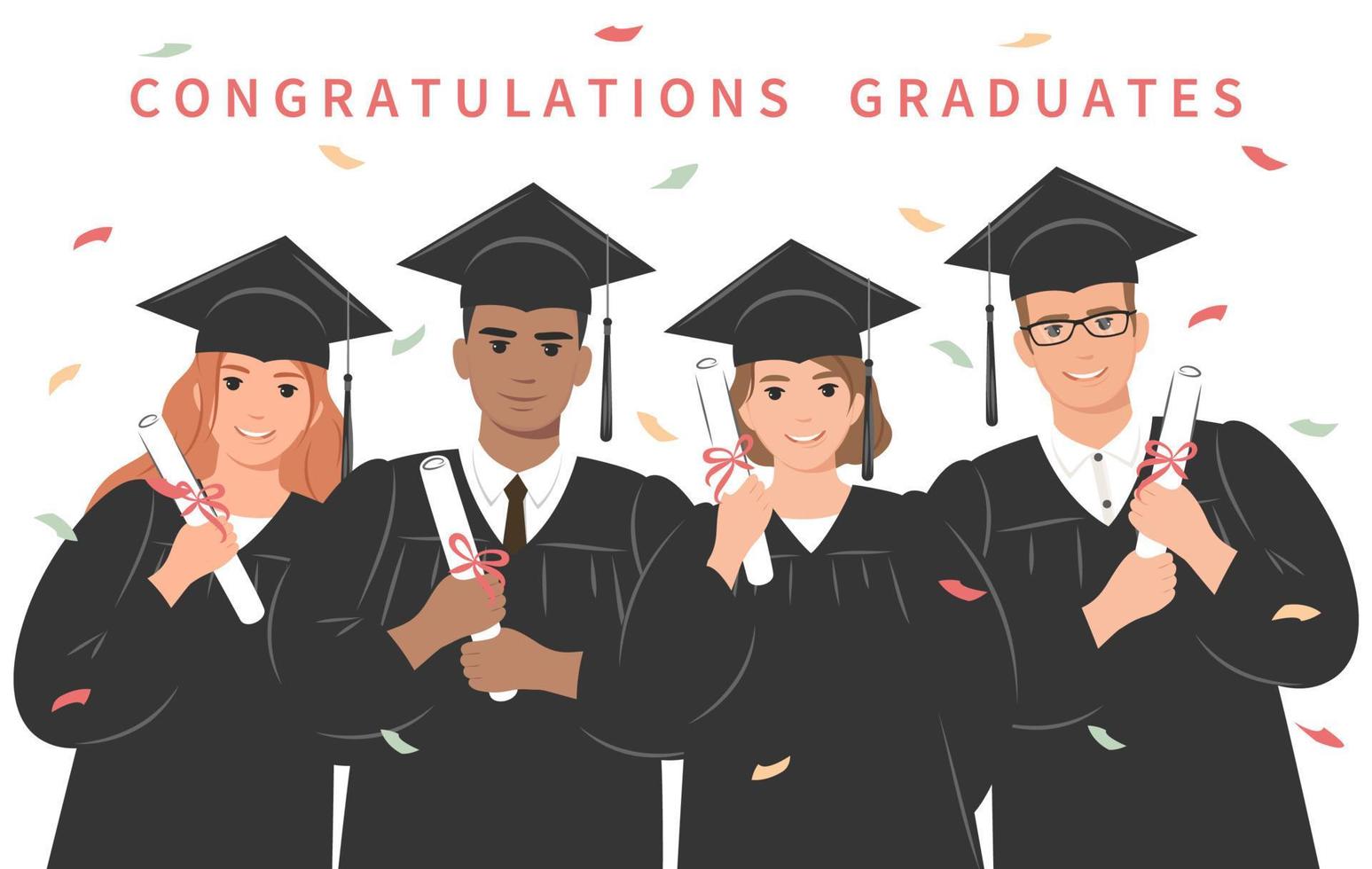 Congratulations graduates. Group of happy students-graduates university or college wearing an academic gown, graduation cap and holding a diploma. Vector illustration