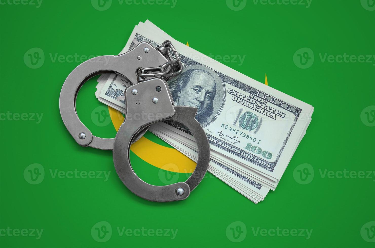 Mauritania flag  with handcuffs and a bundle of dollars. Currency corruption in the country. Financial crimes photo