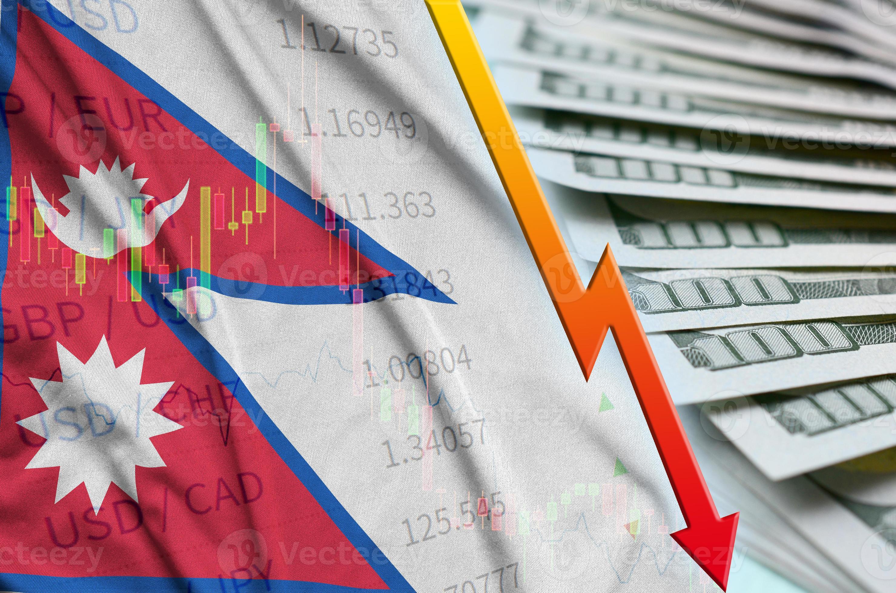 Nepal flag and chart falling US dollar position with a fan of dollar