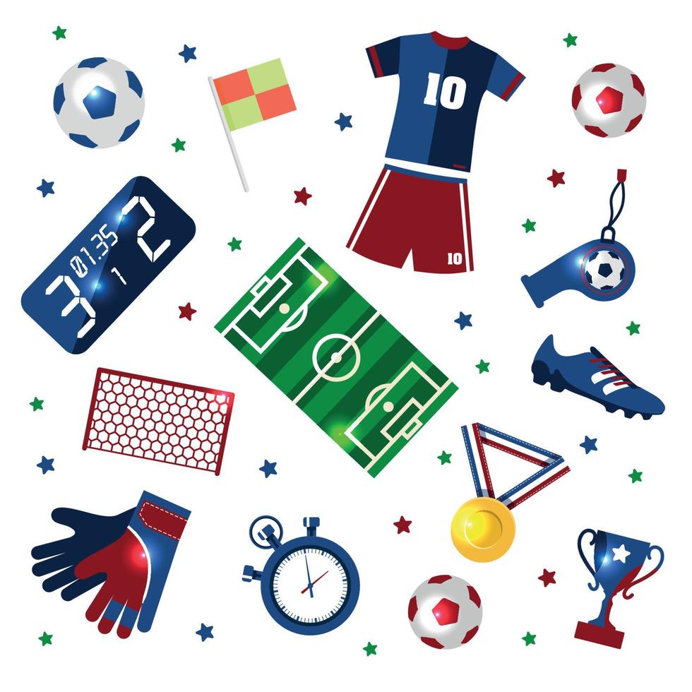 Soccer set of icons with field, ball, trophy, scoreboard, whistle, gloves and boots isolated vector illustration