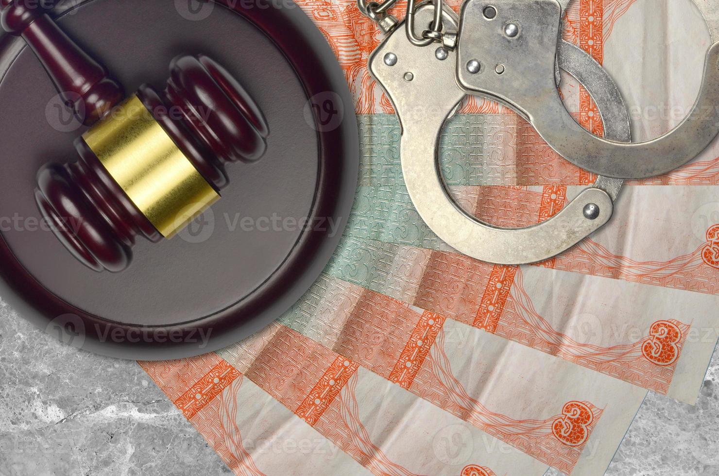 3 cuban pesos convertibles bills and judge hammer with police handcuffs on court desk. Concept of judicial trial or bribery. Tax avoidance photo
