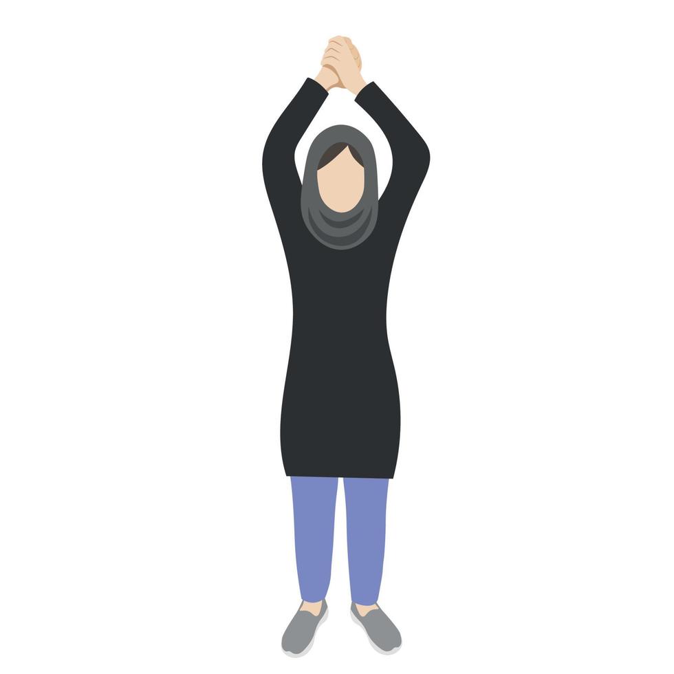 Portrait of a woman in a headscarf with her hands raised above her head, flat vector, isolate on a white background, faceless illustration, muslim woman, woman protests vector