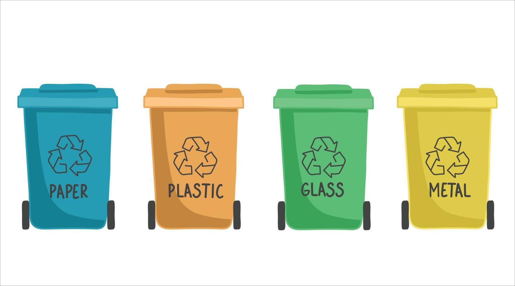 Containers or recycle bins for paper, plastic, glass and metal trash. Concept of separate garbage collection. Dumpsters of different colors isolated on white background. Flat vector illustration