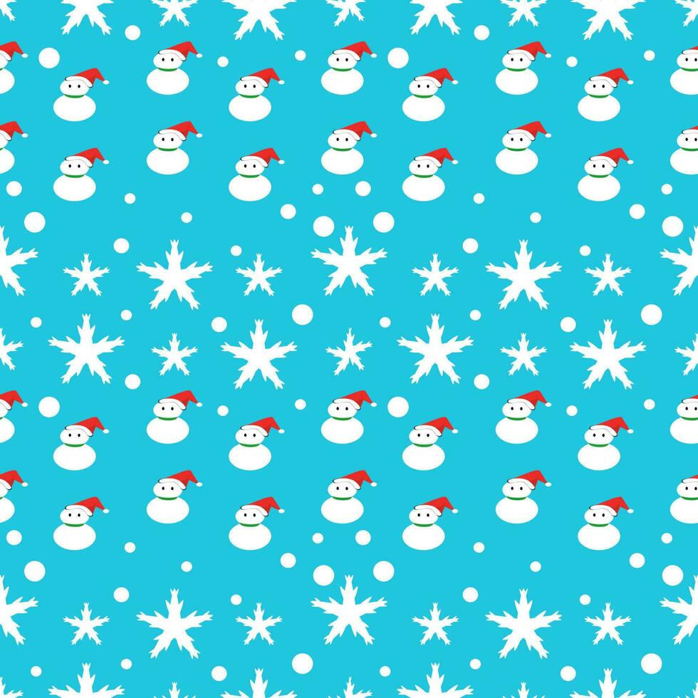 Christmas seamless pattern with snowman, snow and snowflakes on blue background. vector