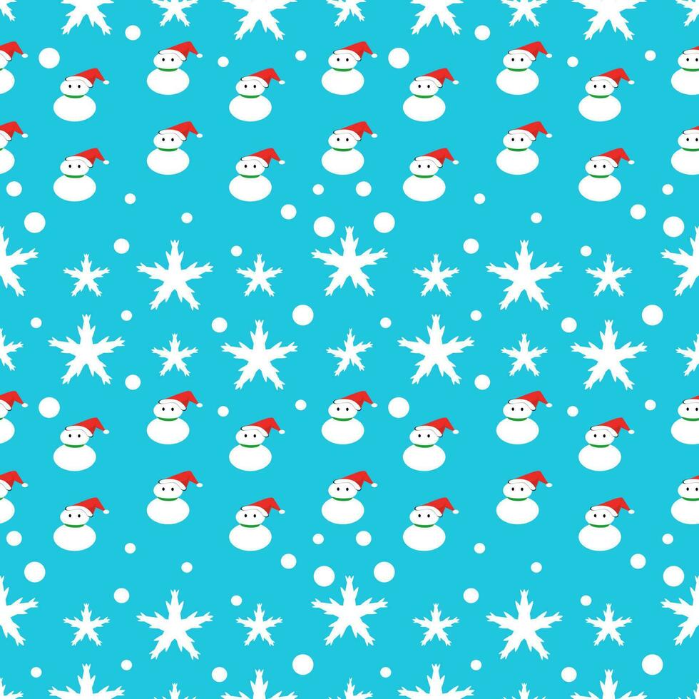 Christmas seamless pattern with snowman, snow and snowflakes on blue background. vector