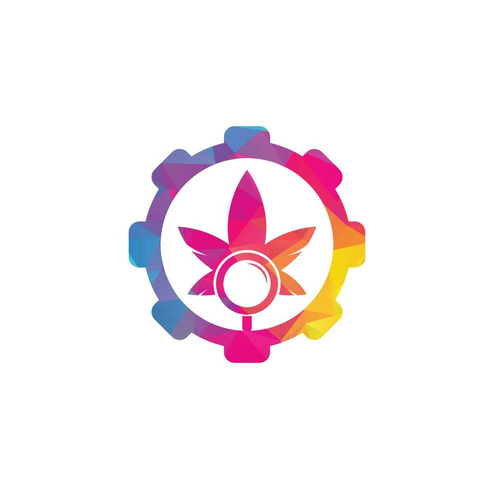 plantilla de vector de diseño de logotipo de forma de engranaje de búsqueda de cannabis. combinación de logo de hoja de marihuana y lupa. cáñamo y símbolo o icono de lupa