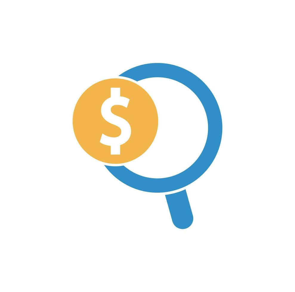 Money Search Logo Icon Template Design. coin and loupe logo combination. Money and magnifying symbol or icon. vector