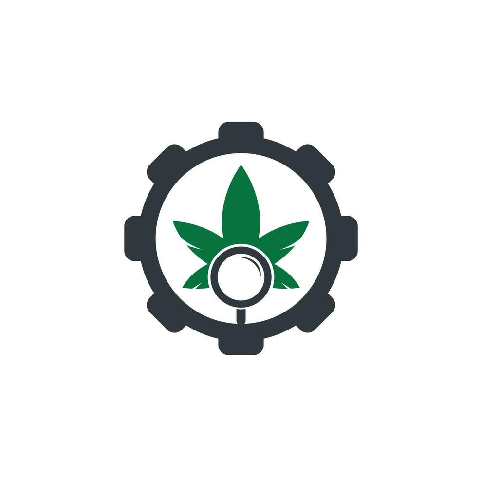 Cannabis Search gear shape logo design vector template. Marijuana leaf and loupe logo combination. Hemp and magnifying symbol or icon