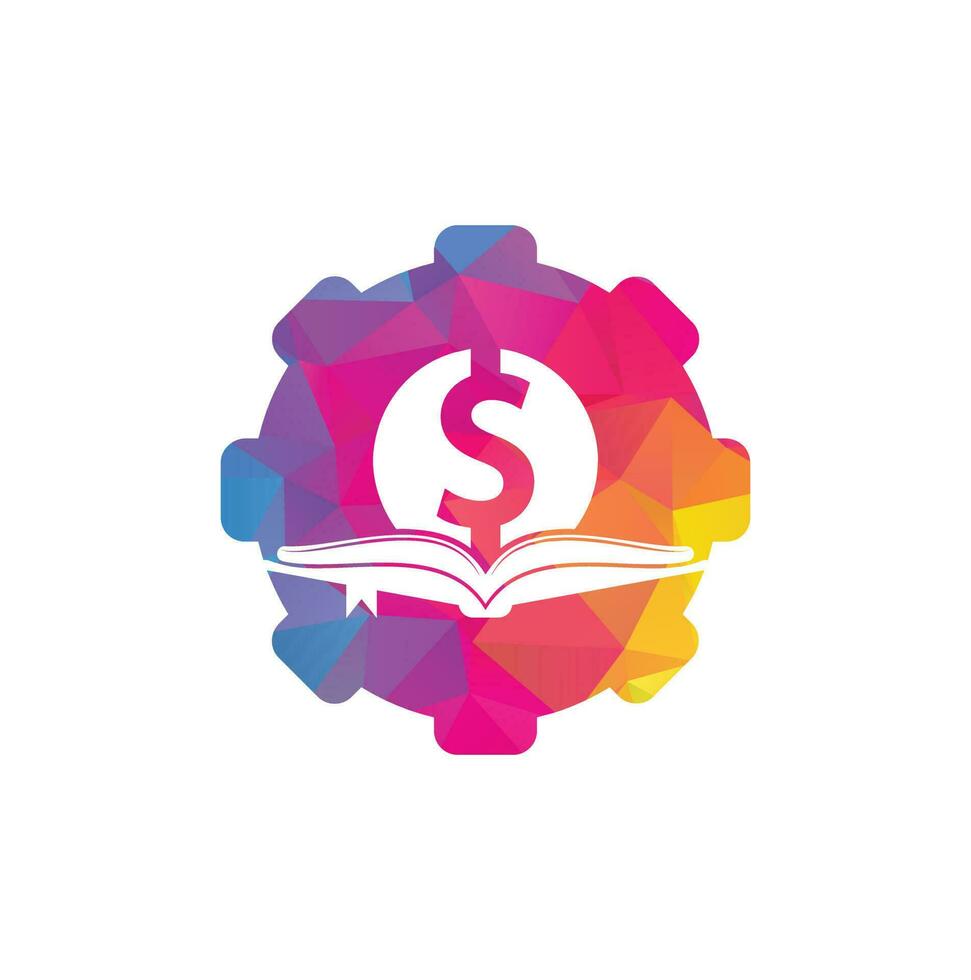 elemento de diseño de logotipo de icono de forma de engranaje de libro de dinero. Doller y icono de libro con logo vector