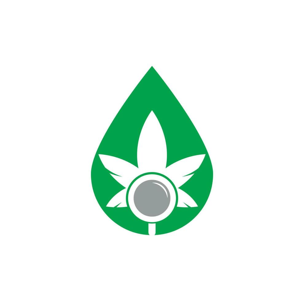 Cannabis Search drop shape logo design vector template. Marijuana leaf and loupe logo combination. Hemp and magnifying symbol or icon.