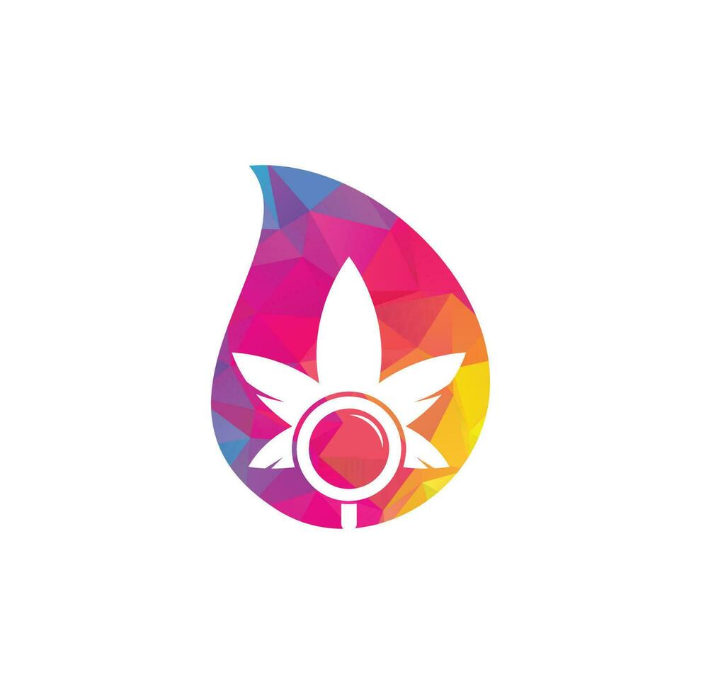 plantilla de vector de diseño de logotipo de forma de gota de búsqueda de cannabis. combinación de logo de hoja de marihuana y lupa. cáñamo y símbolo o icono de lupa.