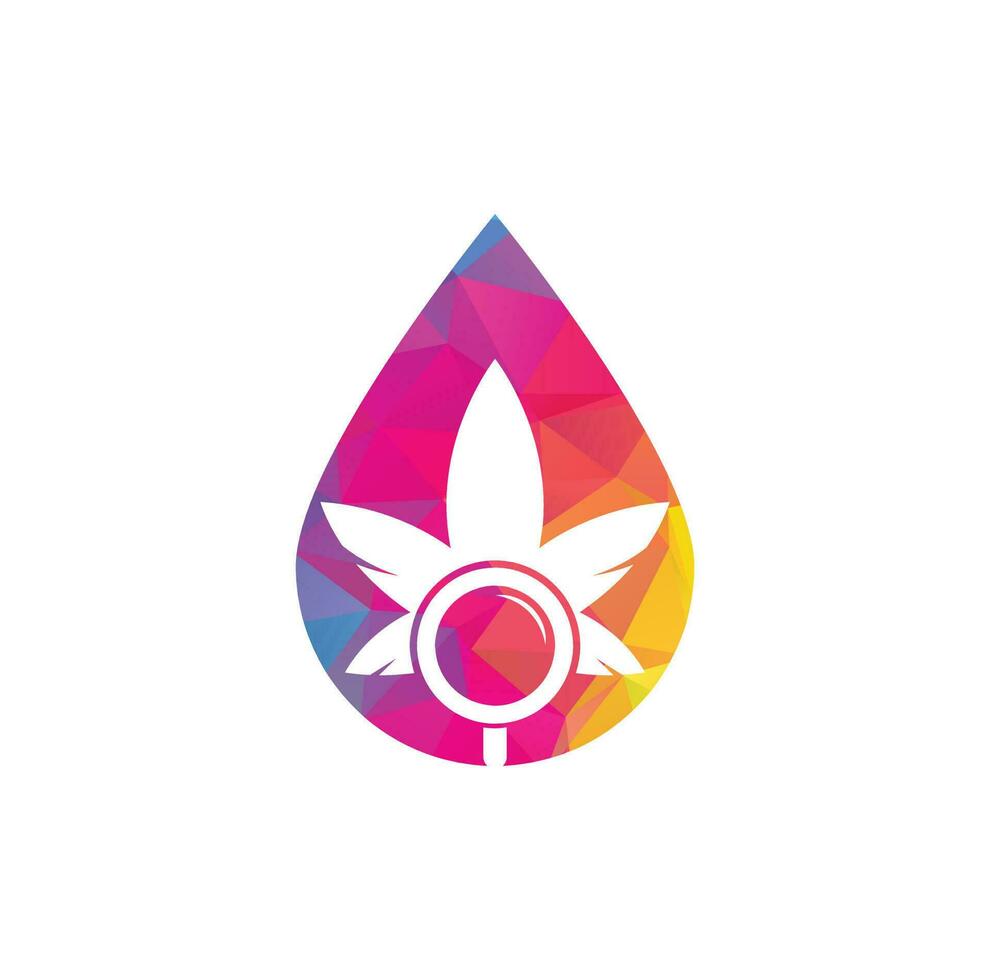 plantilla de vector de diseño de logotipo de forma de gota de búsqueda de cannabis. combinación de logo de hoja de marihuana y lupa. cáñamo y símbolo o icono de lupa.