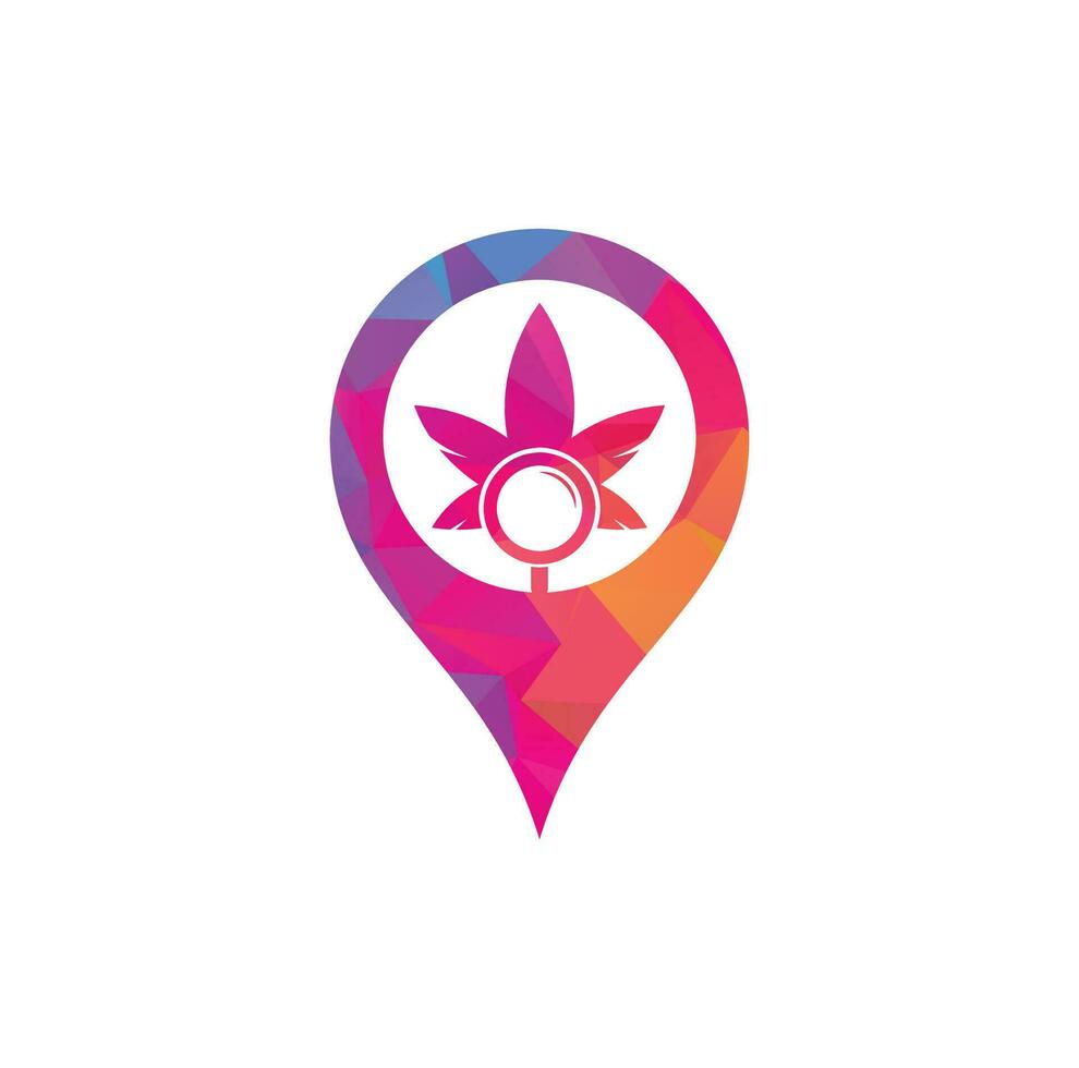 Cannabis Search map pin shape logo design vector template. Marijuana leaf and loupe logo combination. Hemp and magnifying symbol or icon.