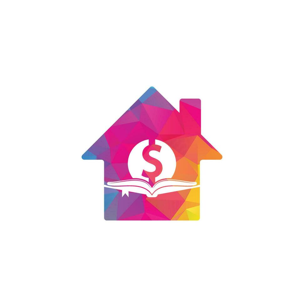 elemento de diseño de logotipo de icono de forma de casa de libro de dinero. icono de muñeca y libro con logo vector