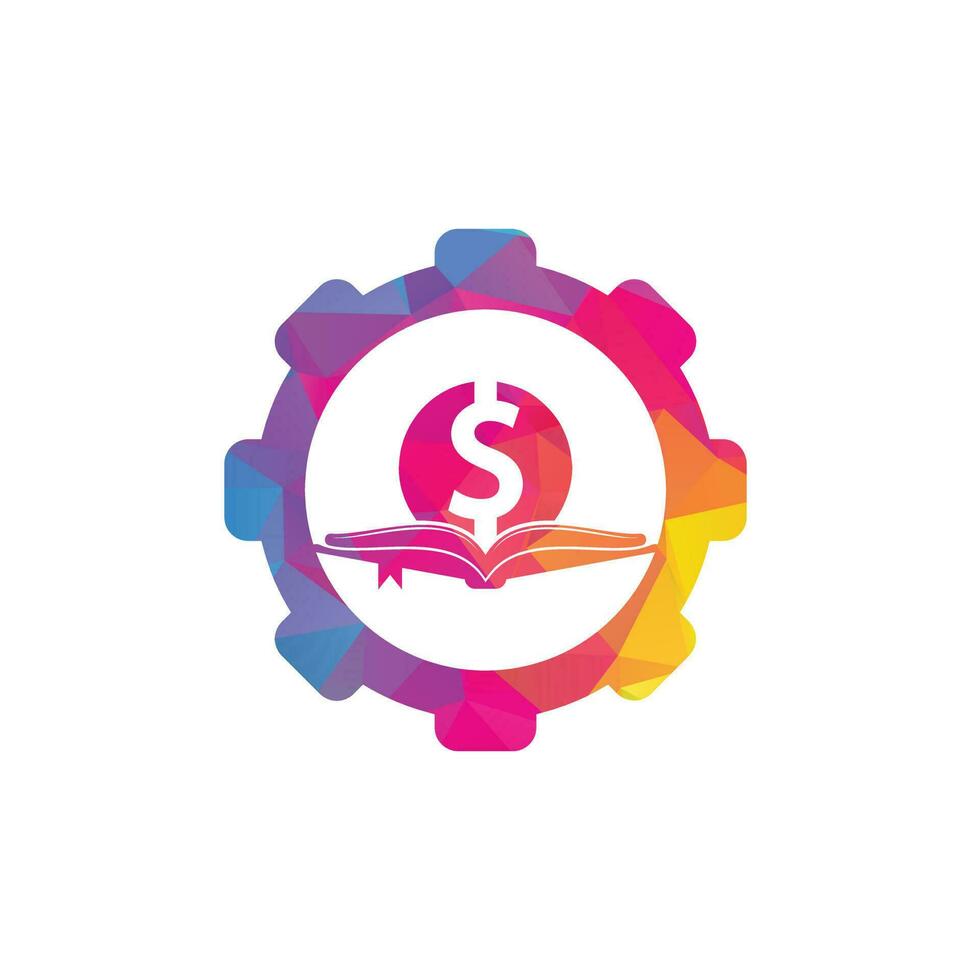 elemento de diseño de logotipo de icono de forma de engranaje de libro de dinero. Doller y icono de libro con logo vector