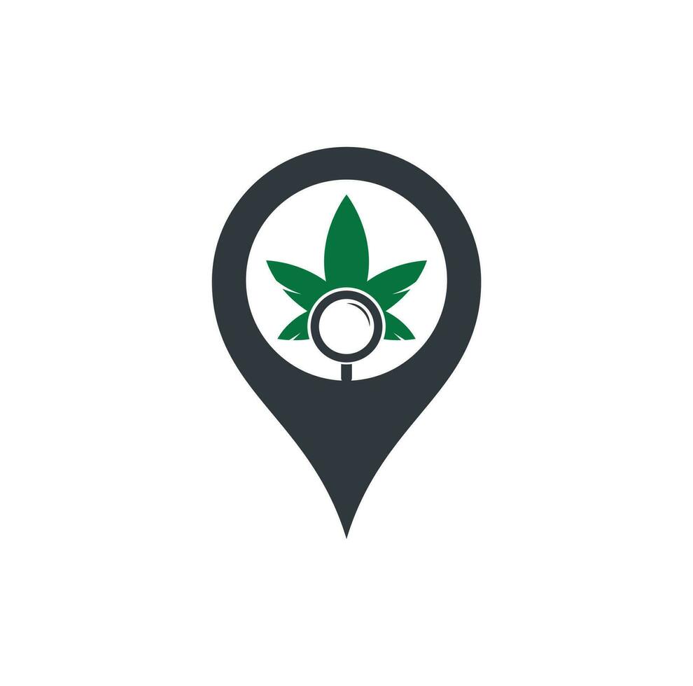 Cannabis Search map pin shape logo design vector template. Marijuana leaf and loupe logo combination. Hemp and magnifying symbol or icon.