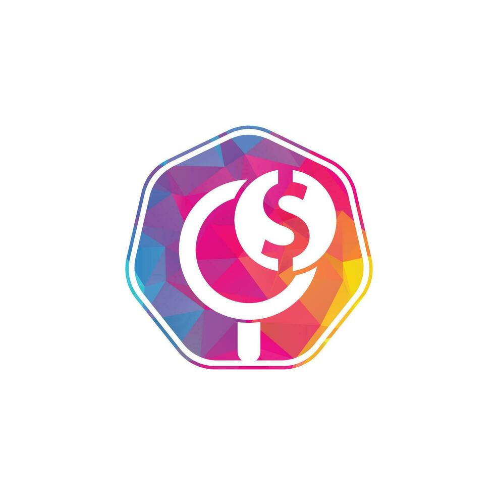 Money Search Logo Icon Template Design. coin and loupe logo combination. Money and magnifying symbol or icon. vector