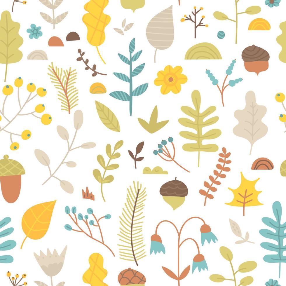 Vector seamless pattern of hand drawn leaves, flowers, twigs, branches, berries and acorns. Trendy floral texture from doodles, forest plants. Abstract background from cute botanical elements