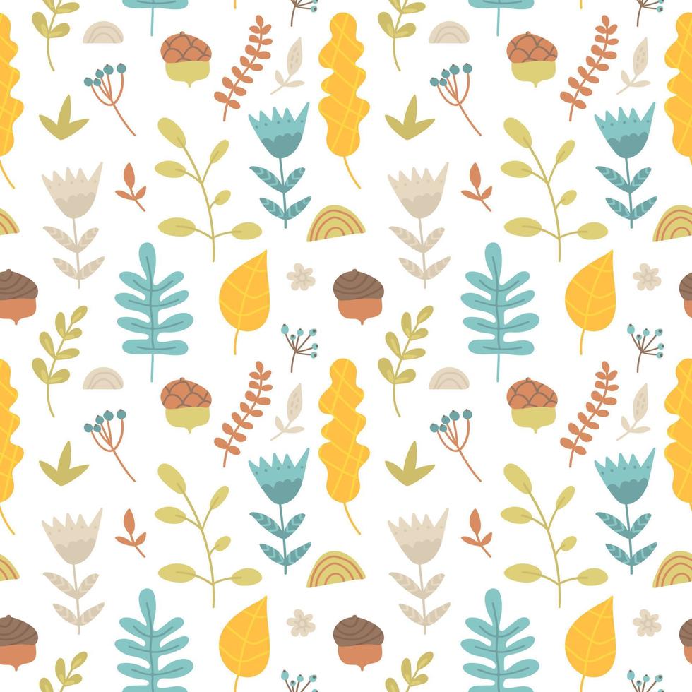 Vector seamless pattern of hand drawn leaves, branches, acorns, twig and berries. Abstract background from botanical elements, cartoon forest plants. Texture from doodles, autumn illustration, seasons