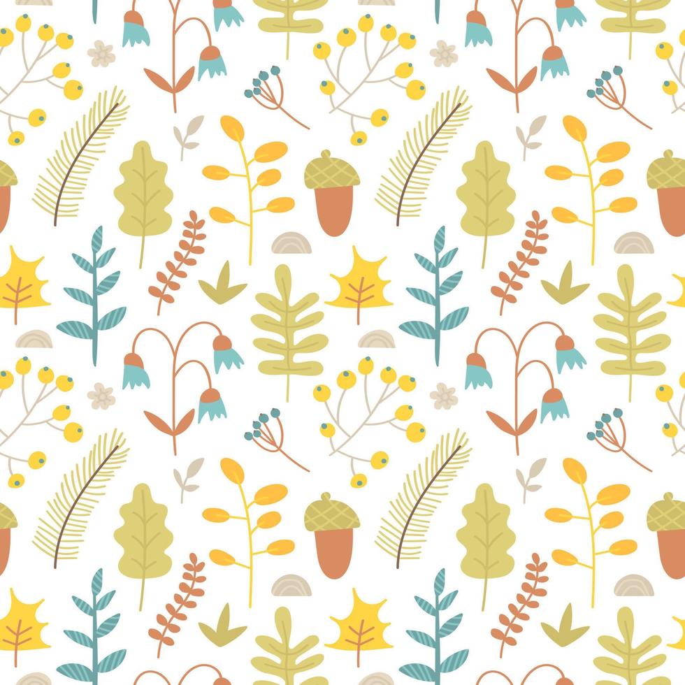 Seamless pattern of botanical elements. Abstract background of berries, leaves, acorns, branches and flowers. Trendy texture from doodle forest plants. Autumn elements collection, season illustration vector