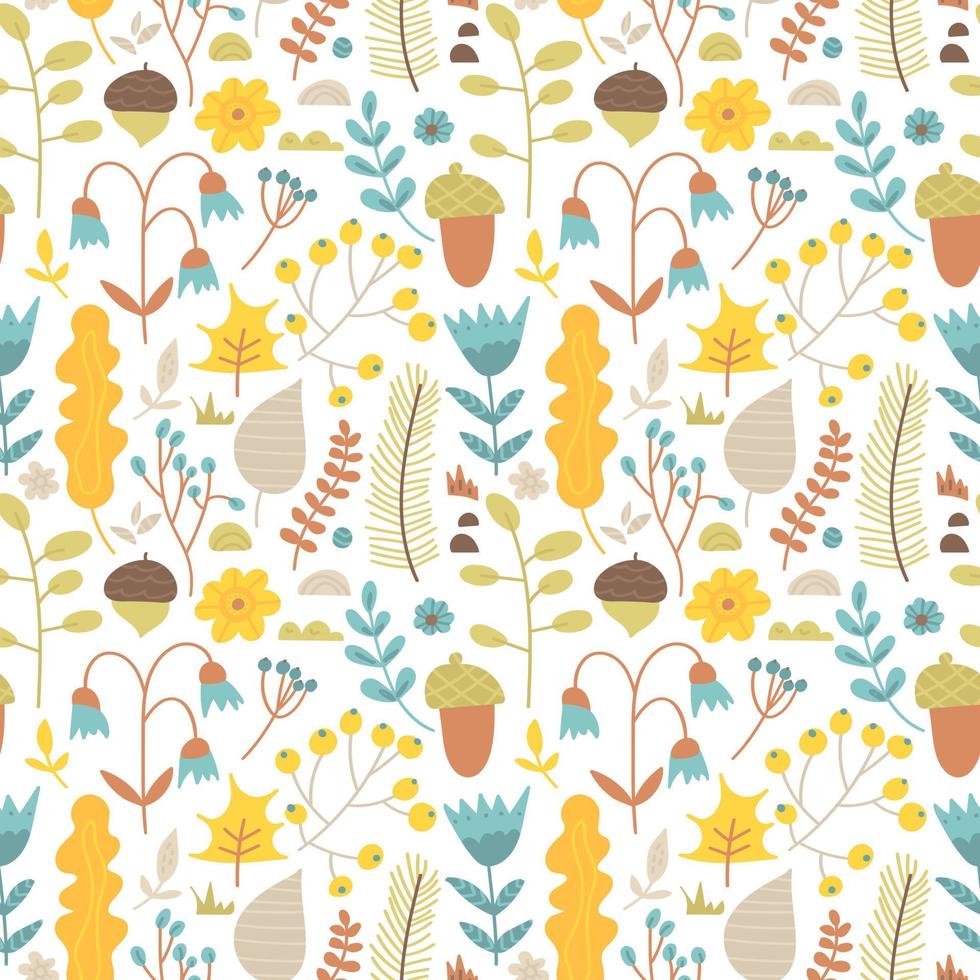 Seamless pattern of cute hand drawn plants. Abstract background of botanical elements. Trendy texture from doodle leaves, acorns, berries, flowers and branches. Collection of forest elements, seasons vector