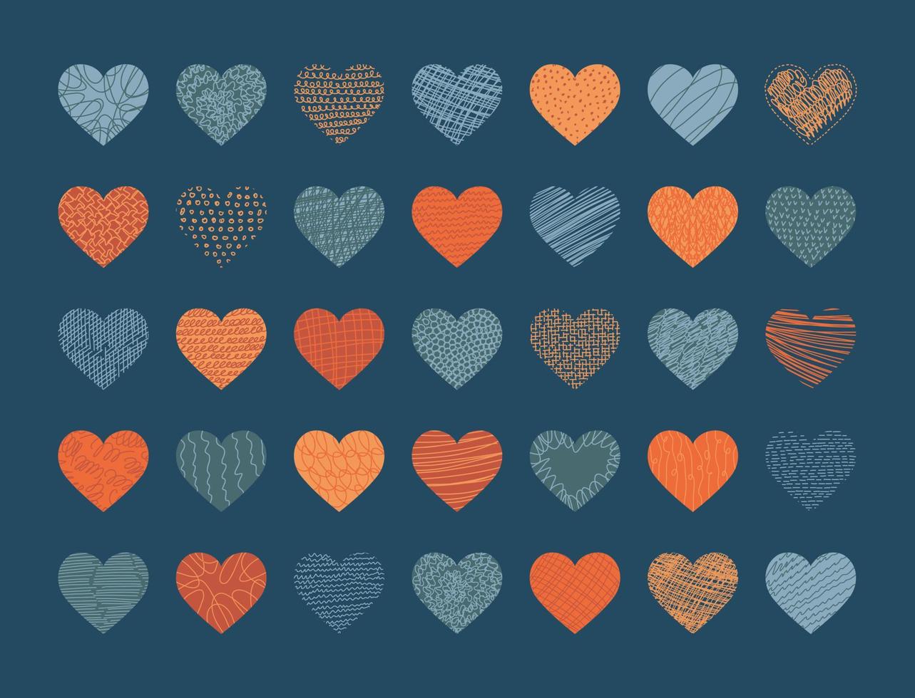 Vector set of hearts with texture. Patterns of hand drawn curves, lines, spots. Contemporary concept trend flat illustration. Doodle icons collection shaped backgrounds for social networks, posters