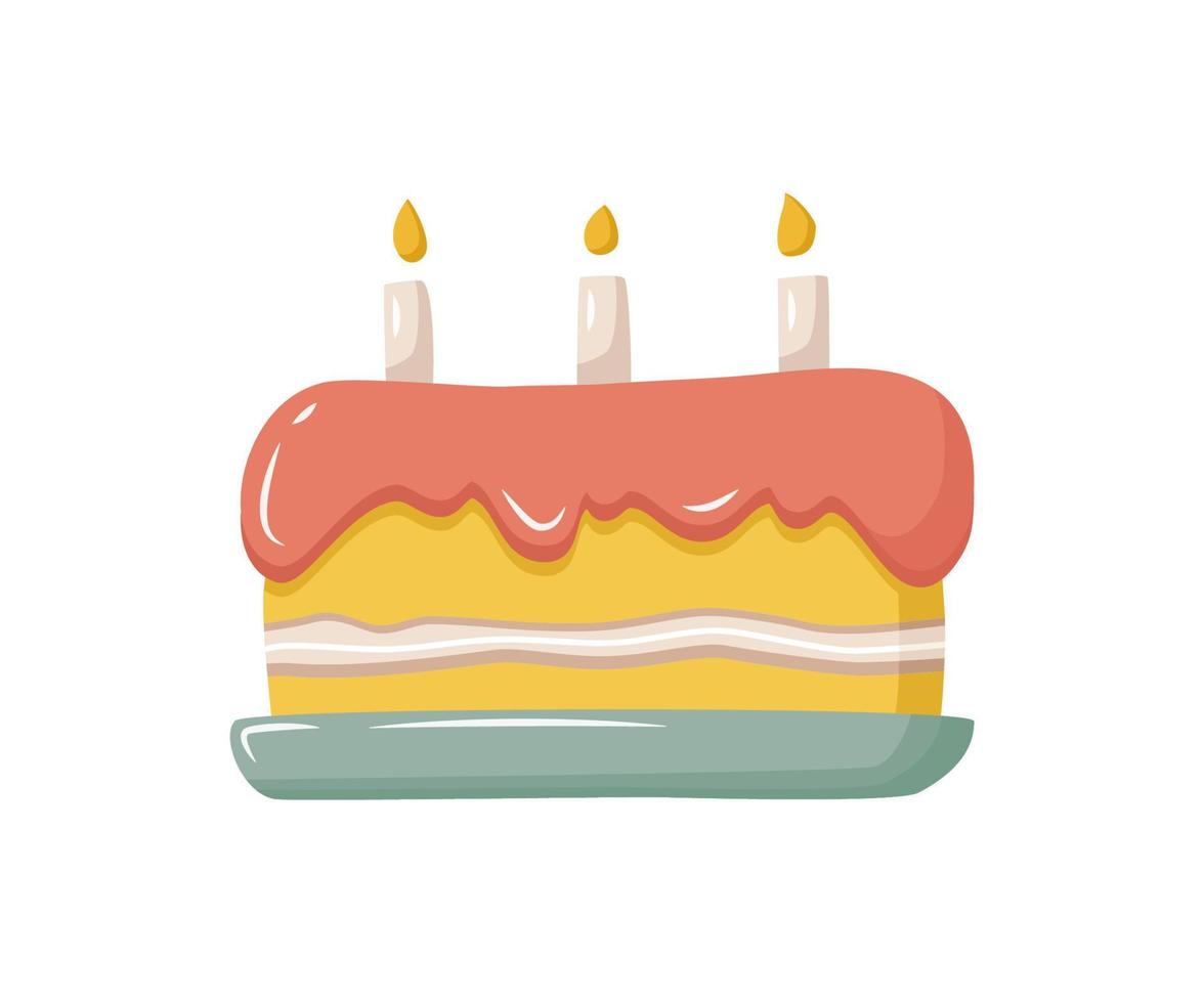 Cartoon birthday cake with burning candles.  Sweet pastry, dessert for birthday party, celebration.  Design element for congratulations, greeting cards. Flat vector illustration.