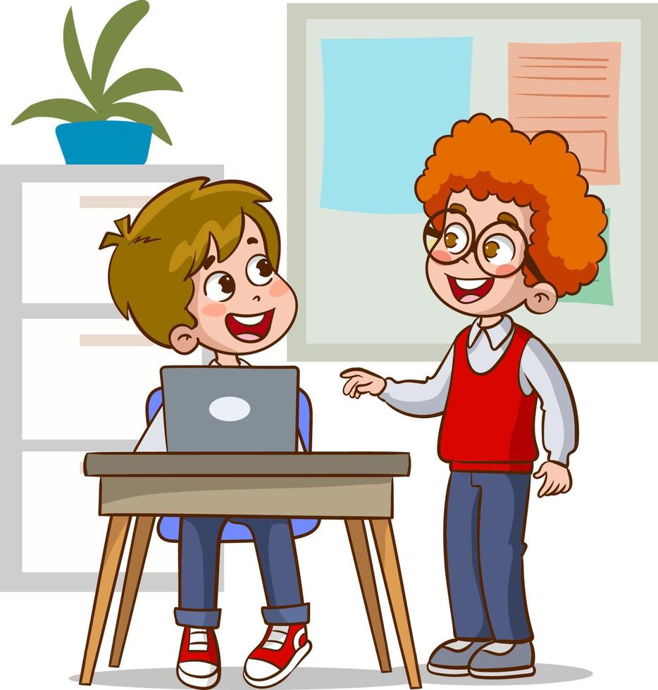 niños y niñas lindos y felices estudian con el maestro. ilustraciones de la vida escolar de los niños alegres. vector