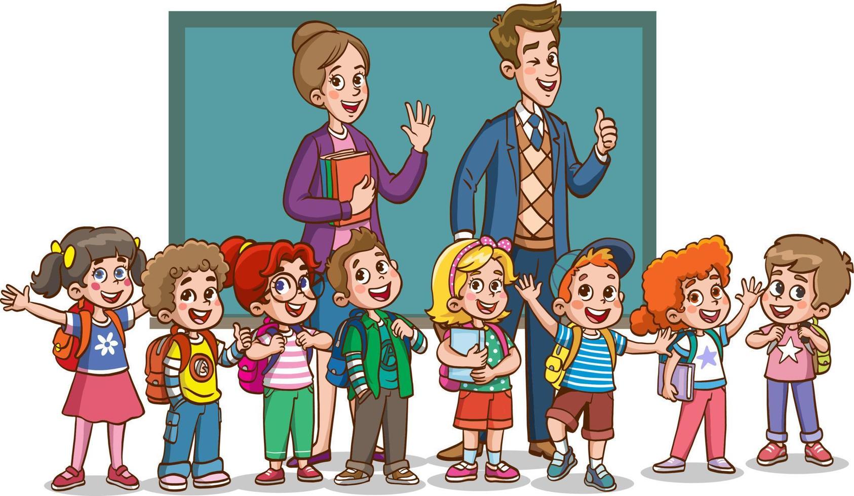 happy cute little kids boy and girl study with teacher.illustrations of cheerful children's school life. vector