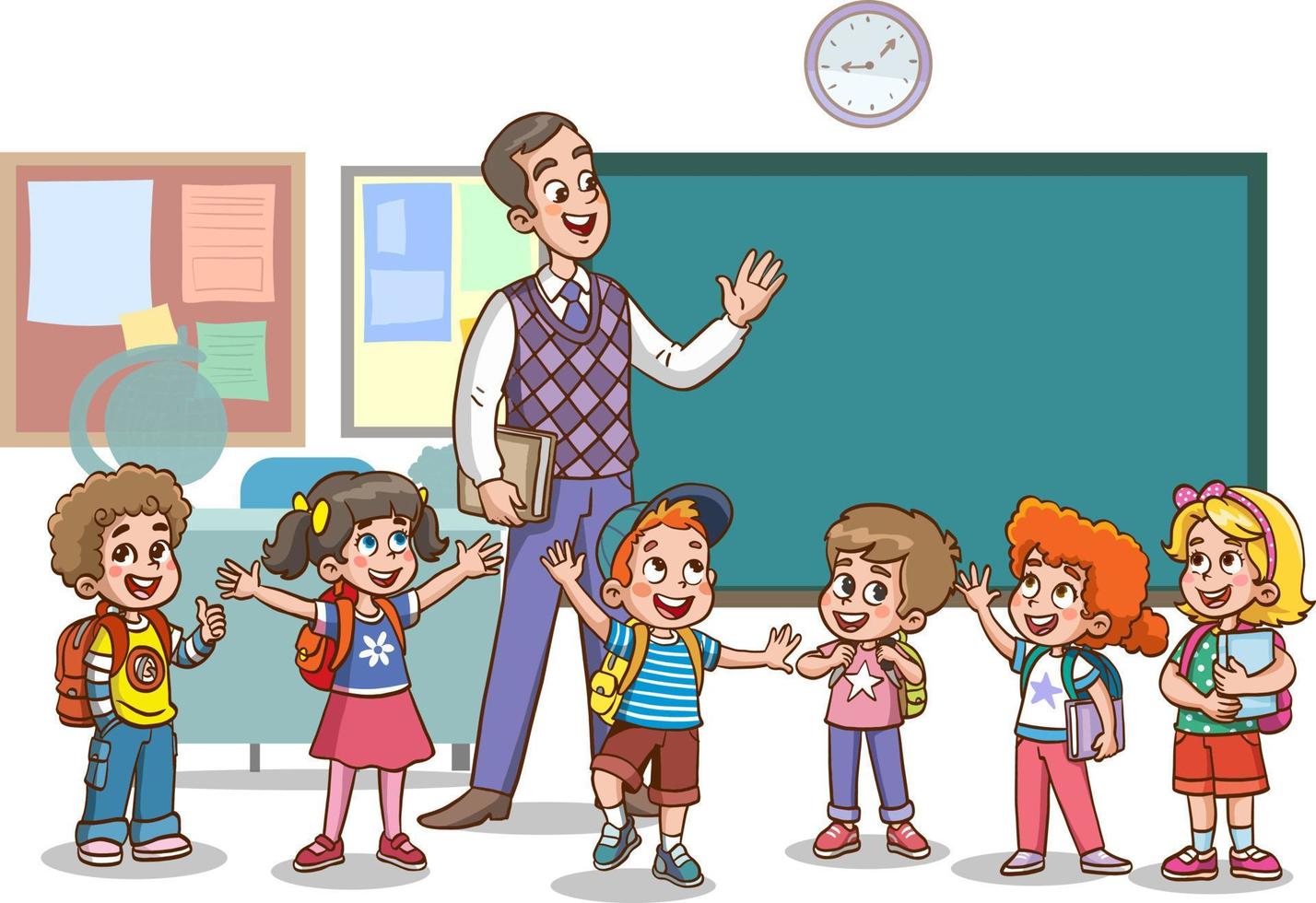happy cute little kids boy and girl study with teacher.illustrations of cheerful children's school life. vector