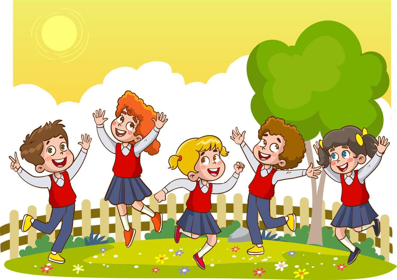 niños y niñas lindos y felices estudian con el maestro. ilustraciones de la vida escolar de los niños alegres. vector