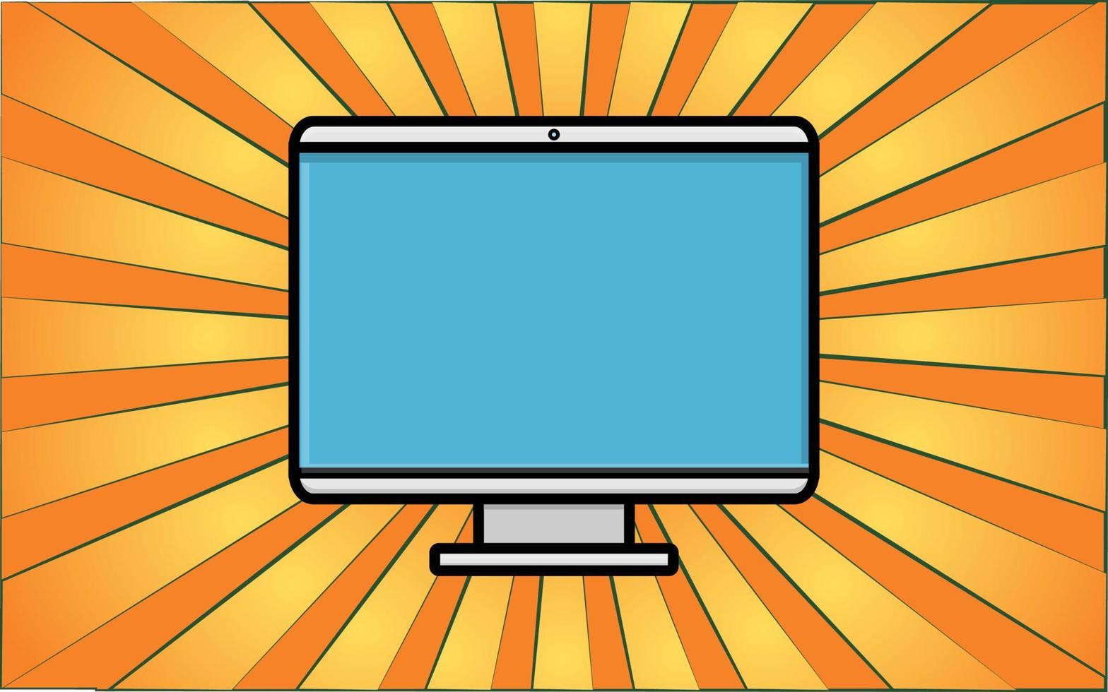 Modern digital computer monitor on a background of abstract yellow rays. Vector illustration