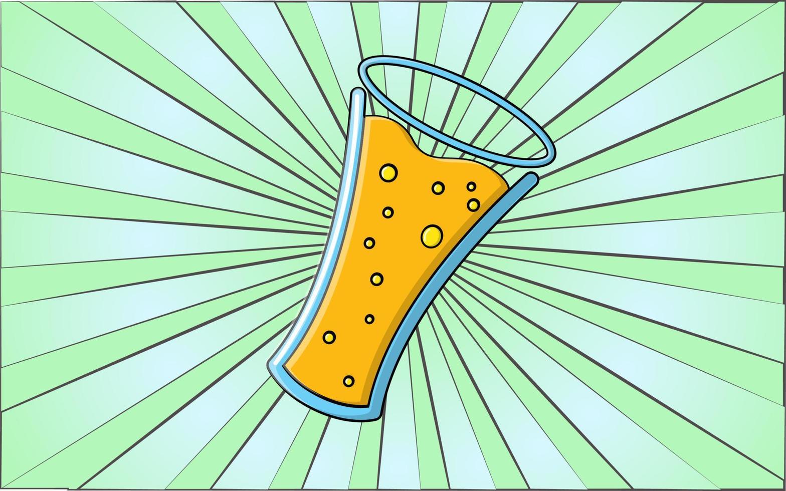 un sabroso vaso de cerveza espumosa amarilla alcohólica en una taza sobre un fondo de rayos azules abstractos. ilustración vectorial vector