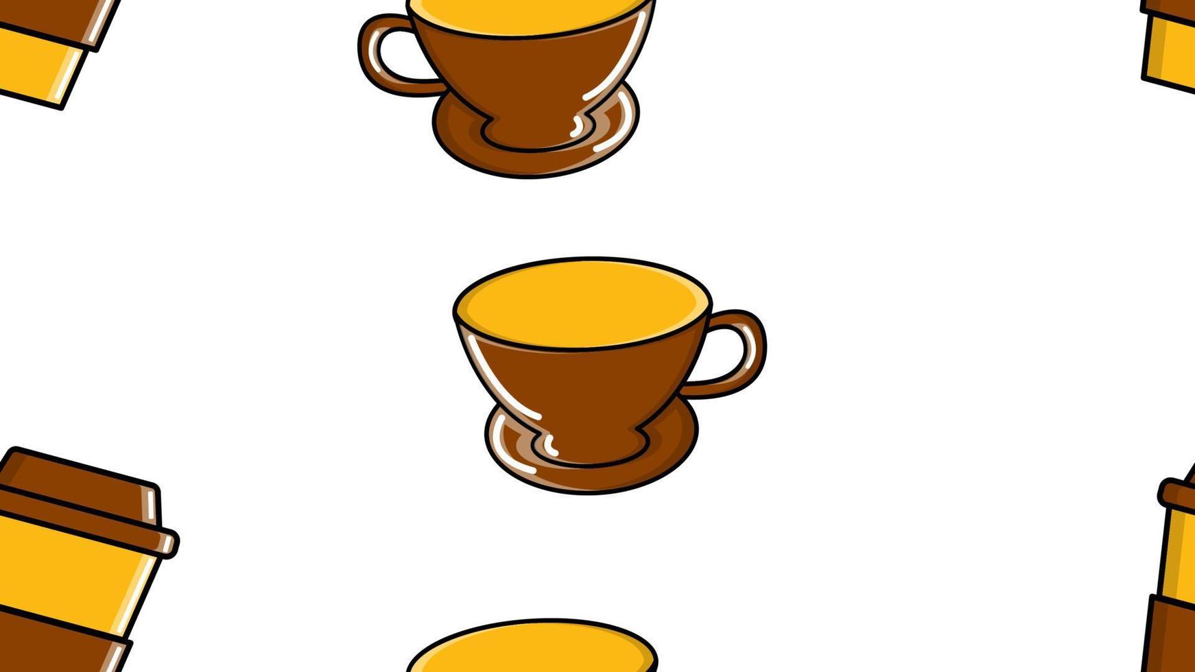 un patrón impecable de vasos repetidos y tazas de cerámica con un café rápido y vigorizante americano espresso arabica en una taza de cartón para llevar sobre un fondo blanco. ilustración vectorial vector