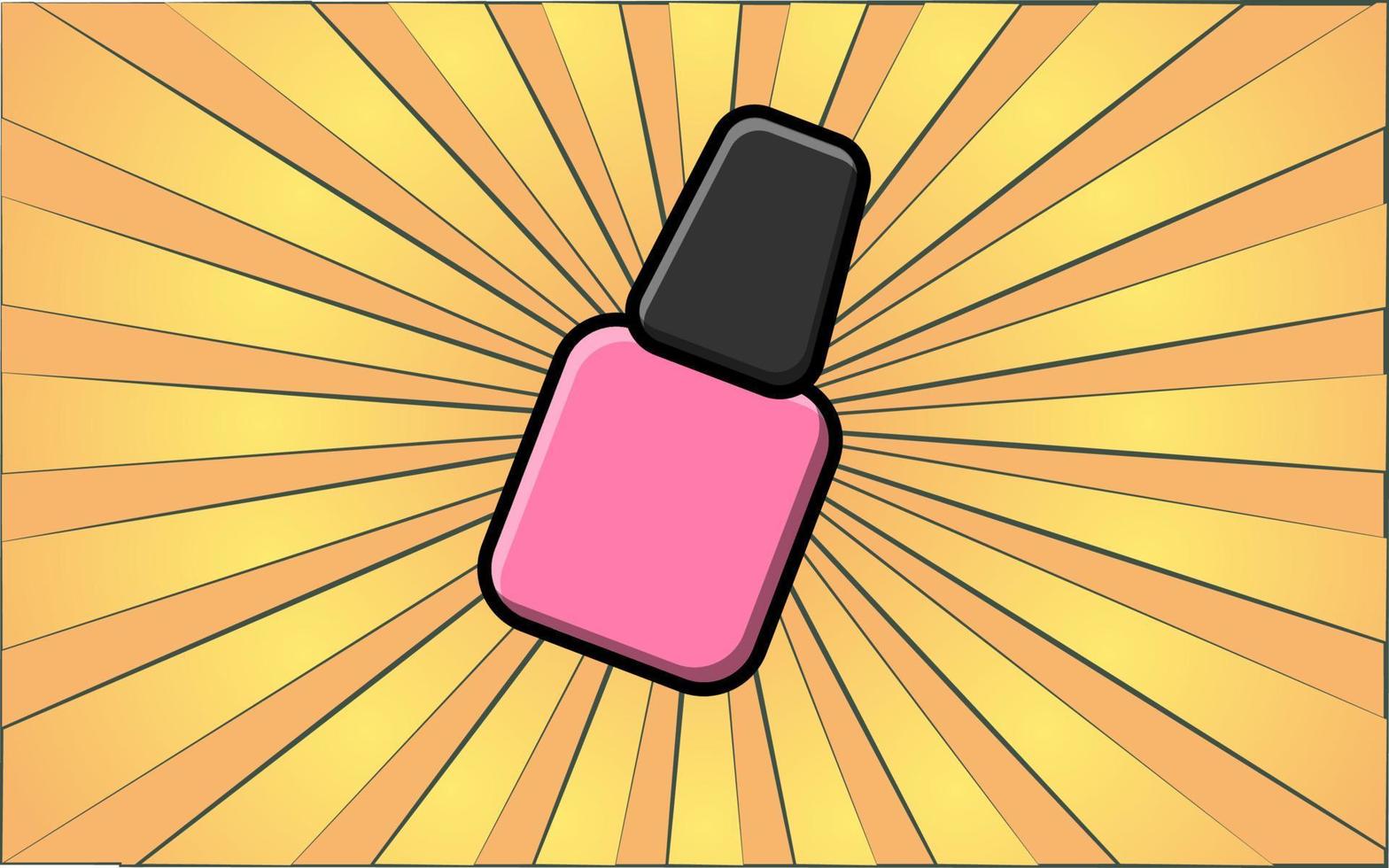 Beauty glamorous pink nail polish in a glass jar for manicure and beauty guidance on a background of abstract yellow rays. Vector illustration