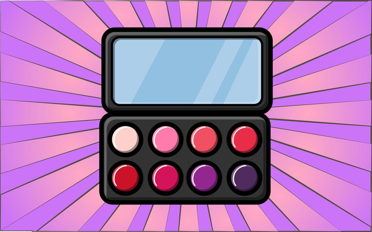 Beauty glamorous mirror with a powder box for makeup and beauty guidance on a background of abstract purple rays. Vector illustration
