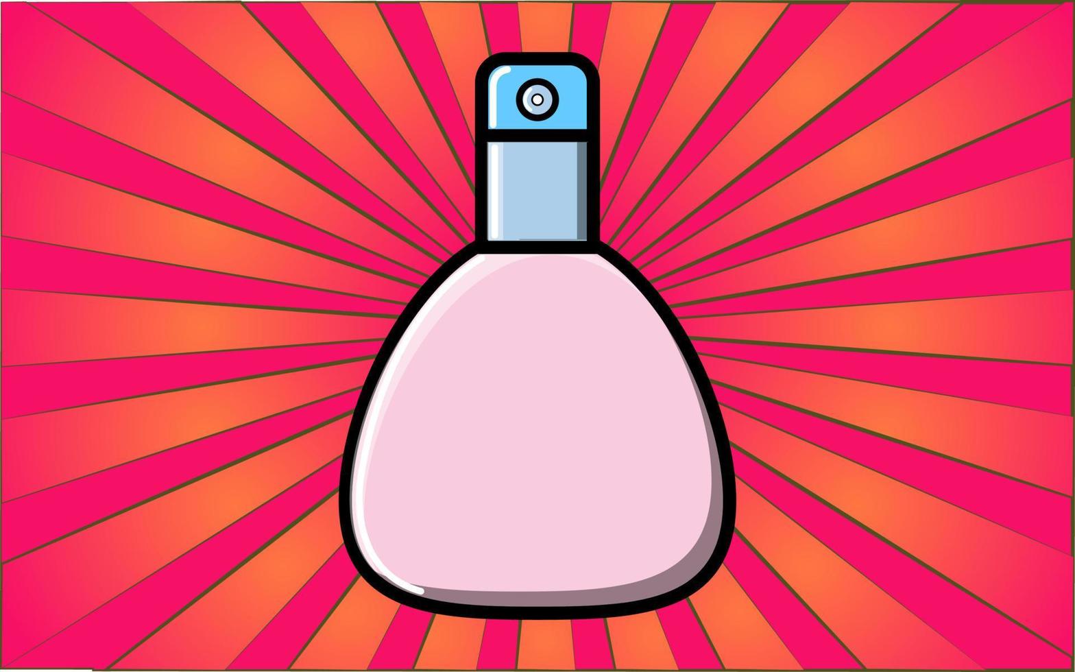 Beauty glamorous pink perfume in a glass bottle for beauty guidance on a background of abstract red rays. Vector illustration