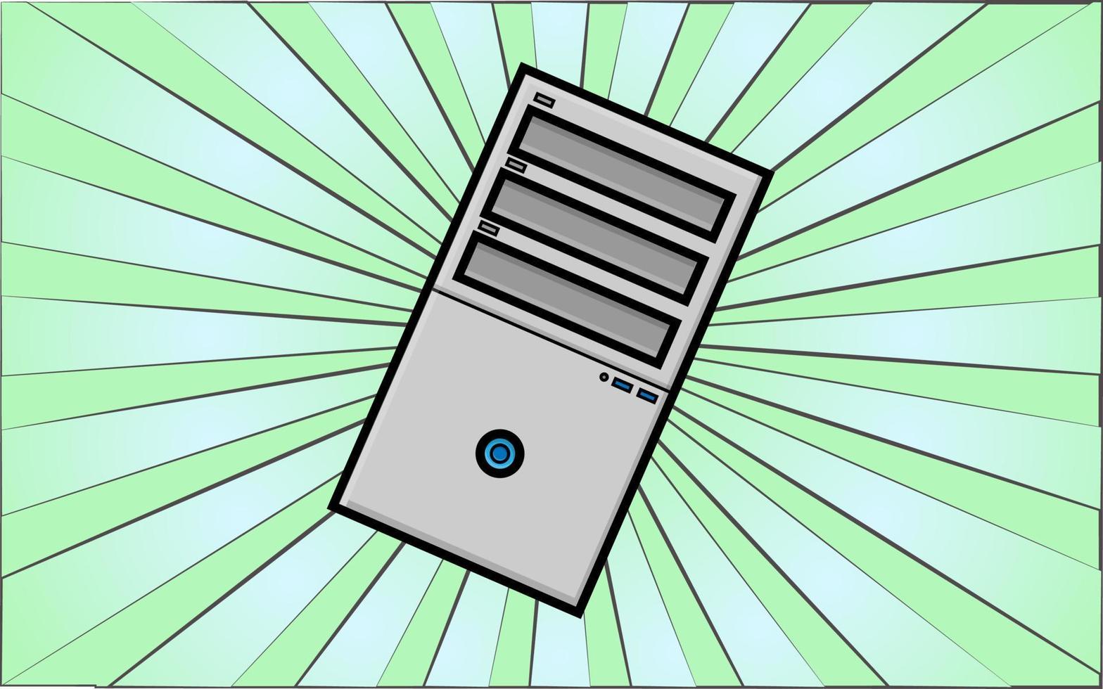 Modern digital stationary gaming office computer system unit on a background of abstract green rays. Vector illustration